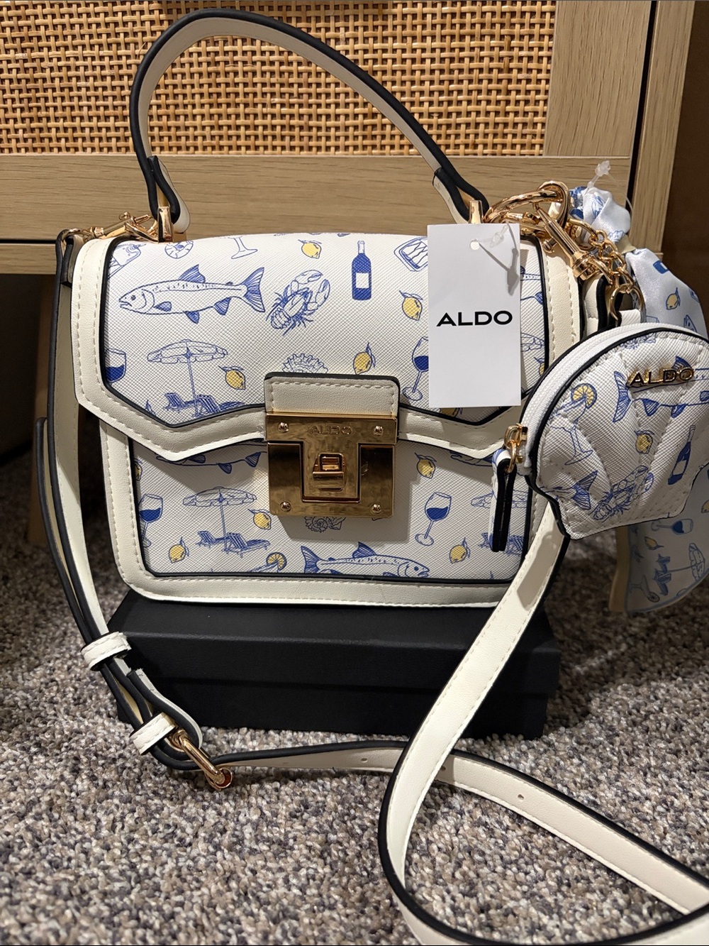ALDO White Top-Handle Satchel with Blue & Yellow Seaside Print